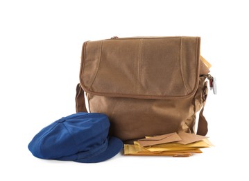 Brown postman's bag, envelopes and hat on white background