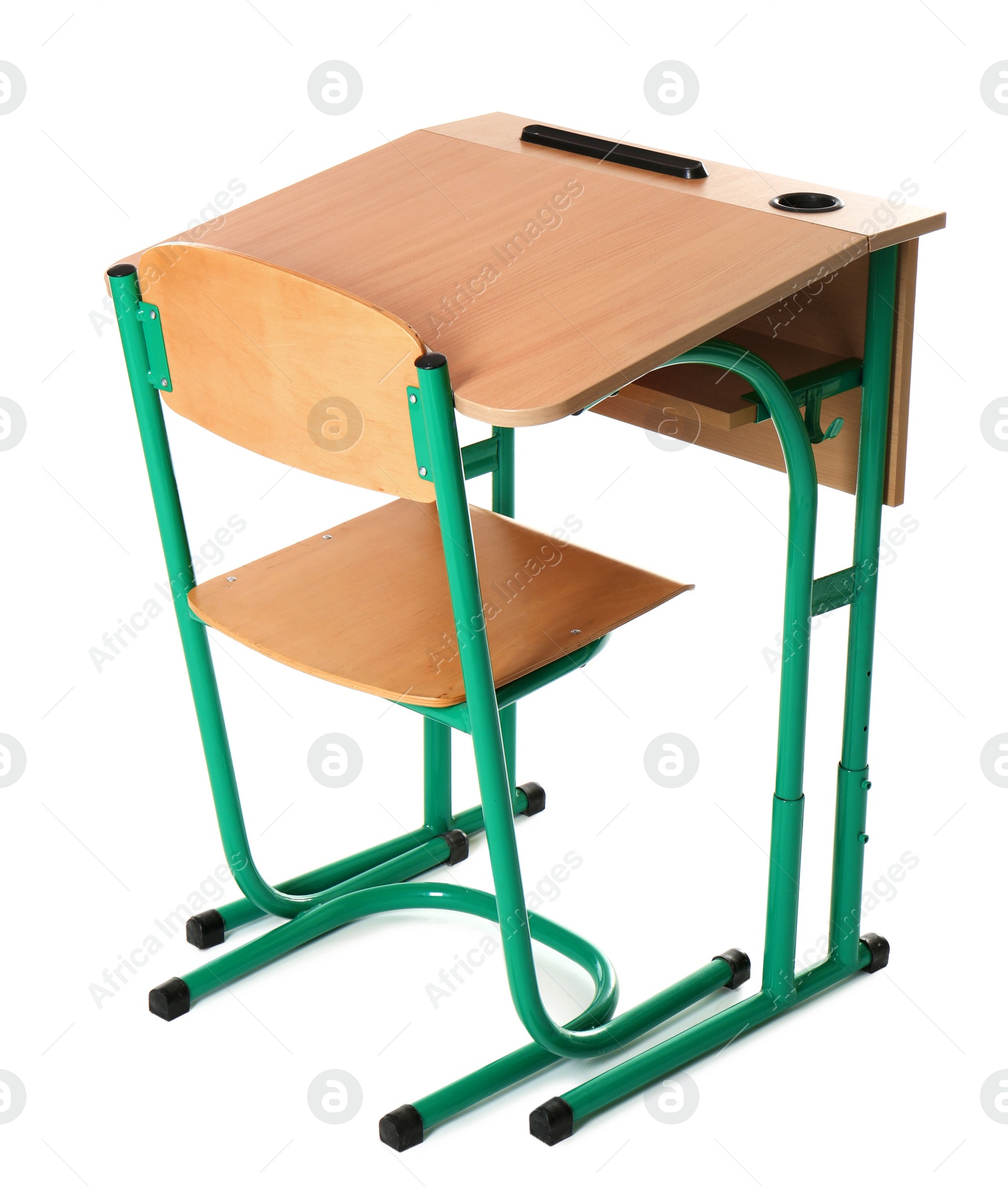 Photo of Empty school wooden desk for classroom on white background