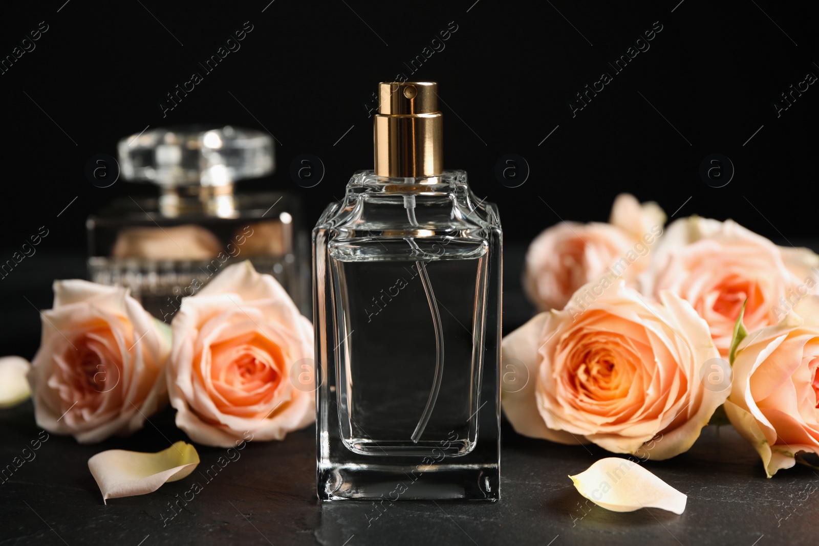 Photo of Bottle of perfume and beautiful roses on black table