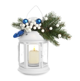 Lantern with Christmas decorations isolated on white