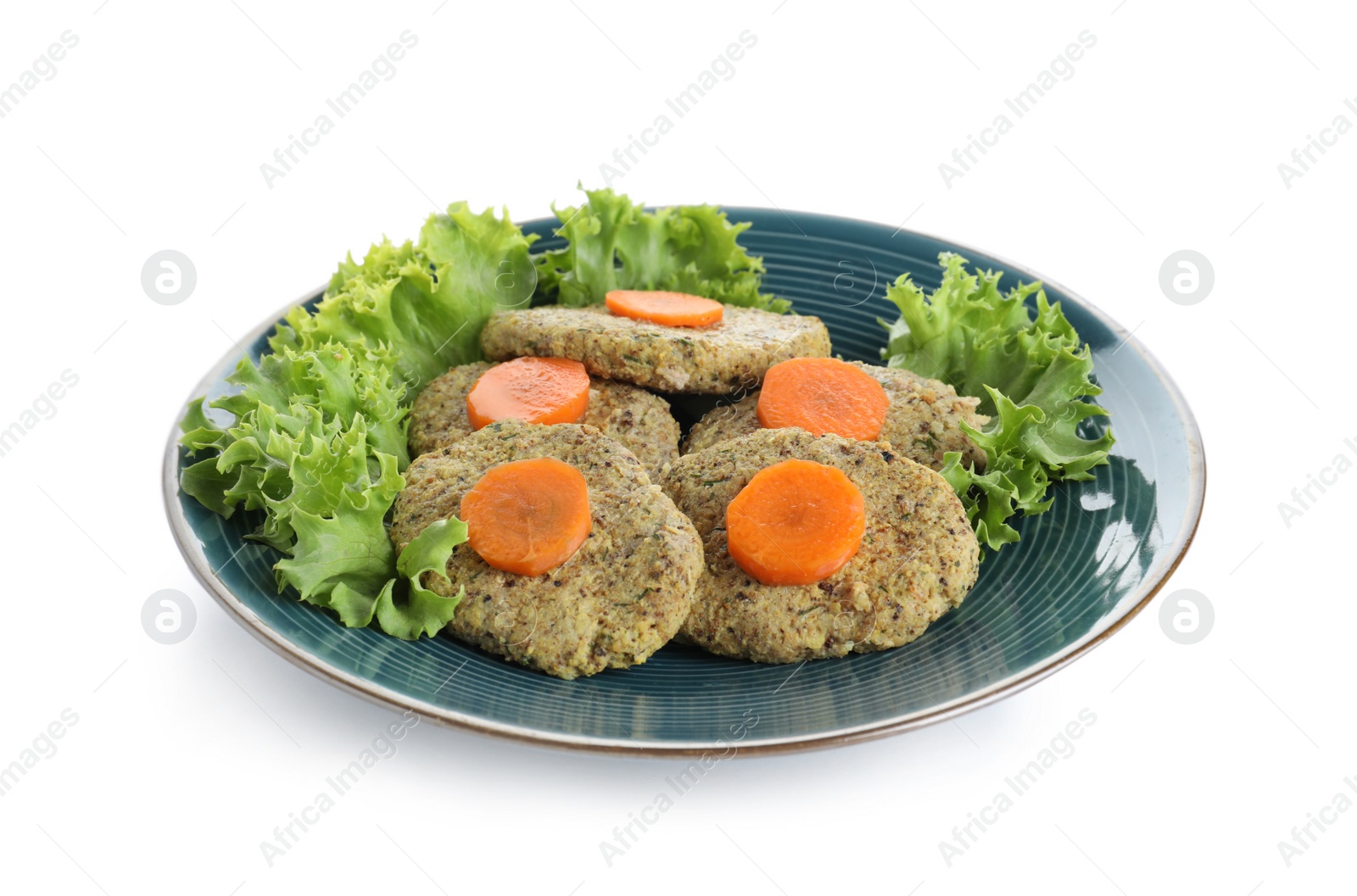 Photo of Plate of traditional Passover (Pesach) gefilte fish isolated on white