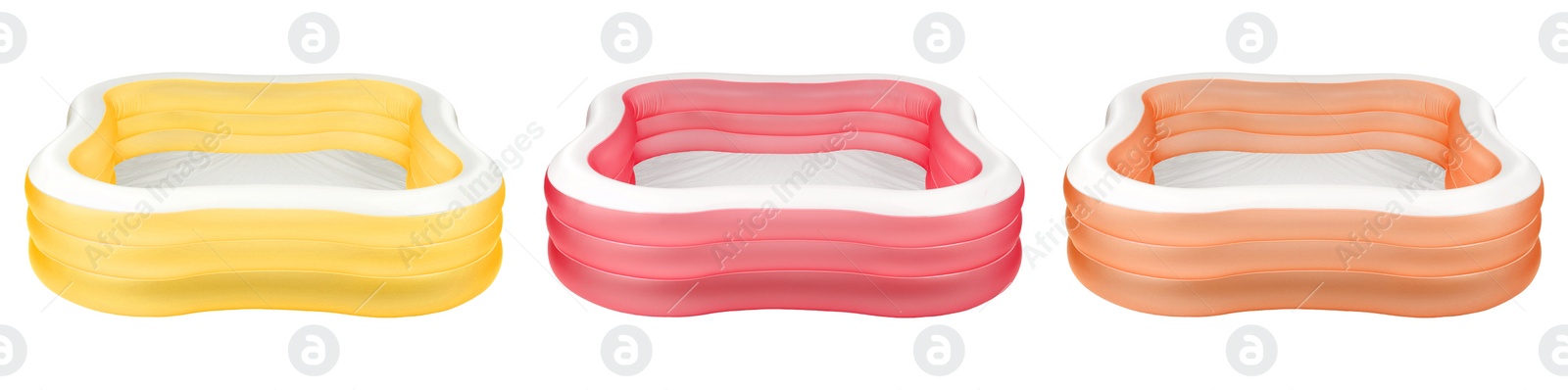 Image of Set with different colorful inflatable rubber pools on white background. Banner design