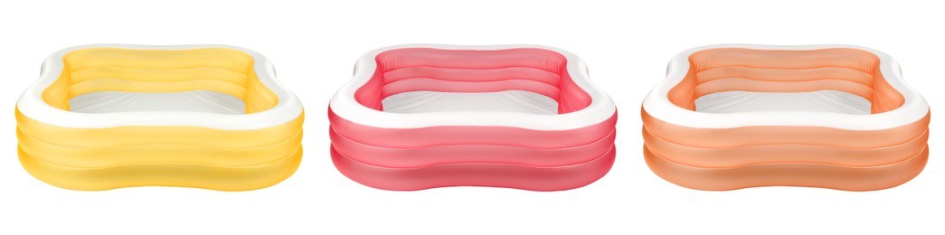 Set with different colorful inflatable rubber pools on white background. Banner design