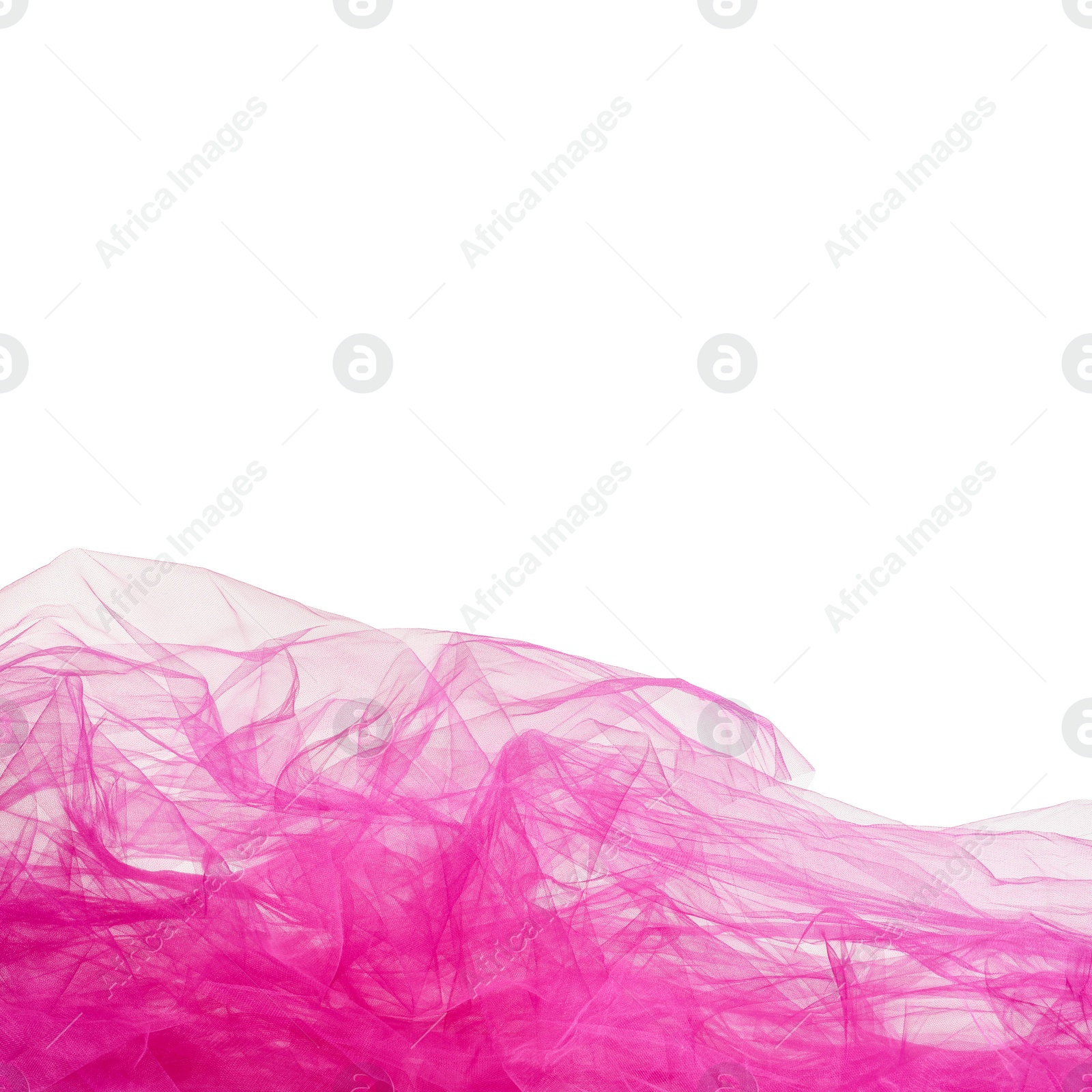 Photo of Beautiful pink tulle fabric on white background. Space for text