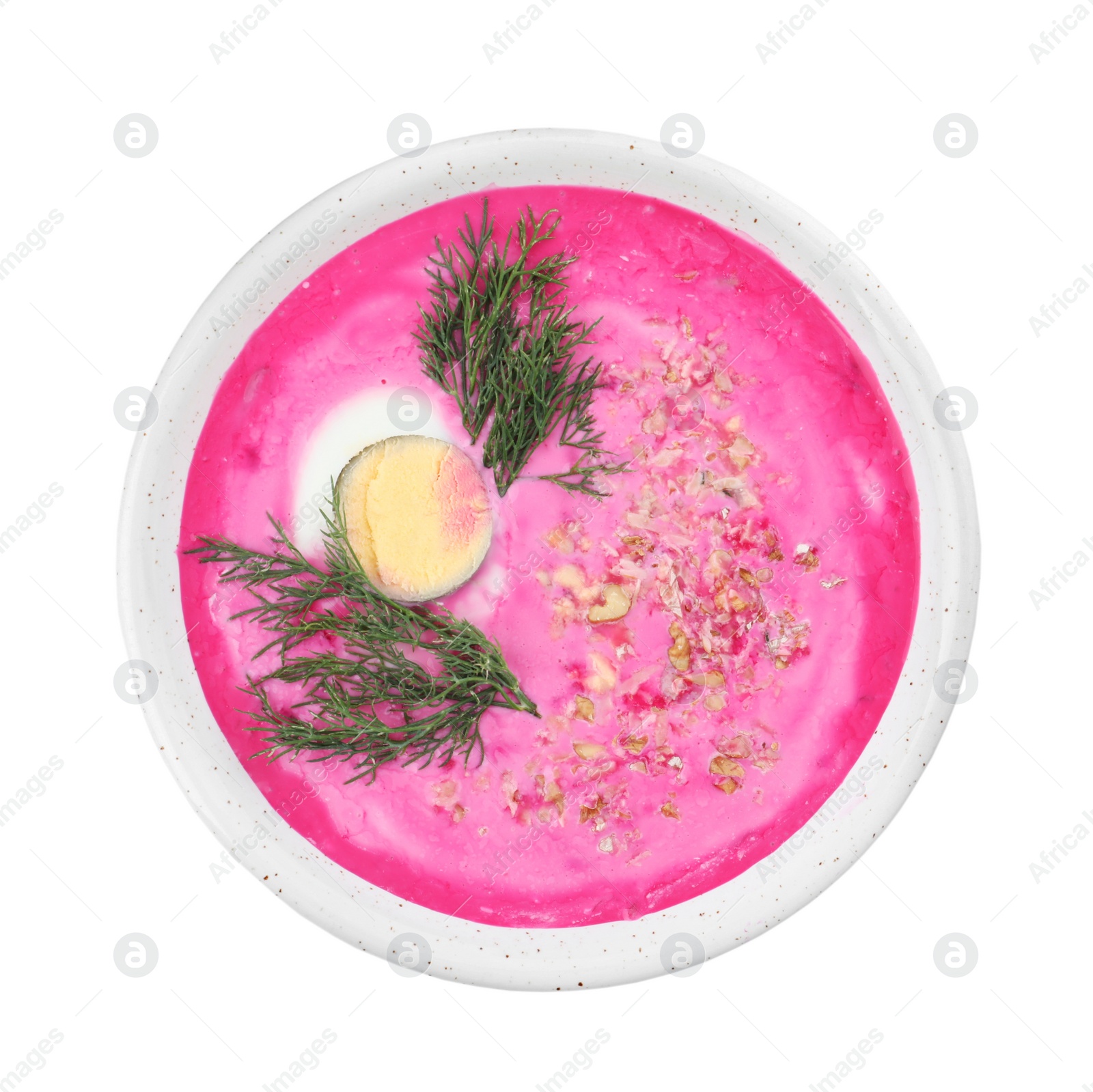 Photo of Delicious cold summer beet soup on white background, top view