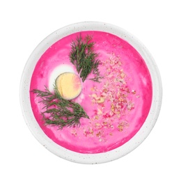 Photo of Delicious cold summer beet soup on white background, top view