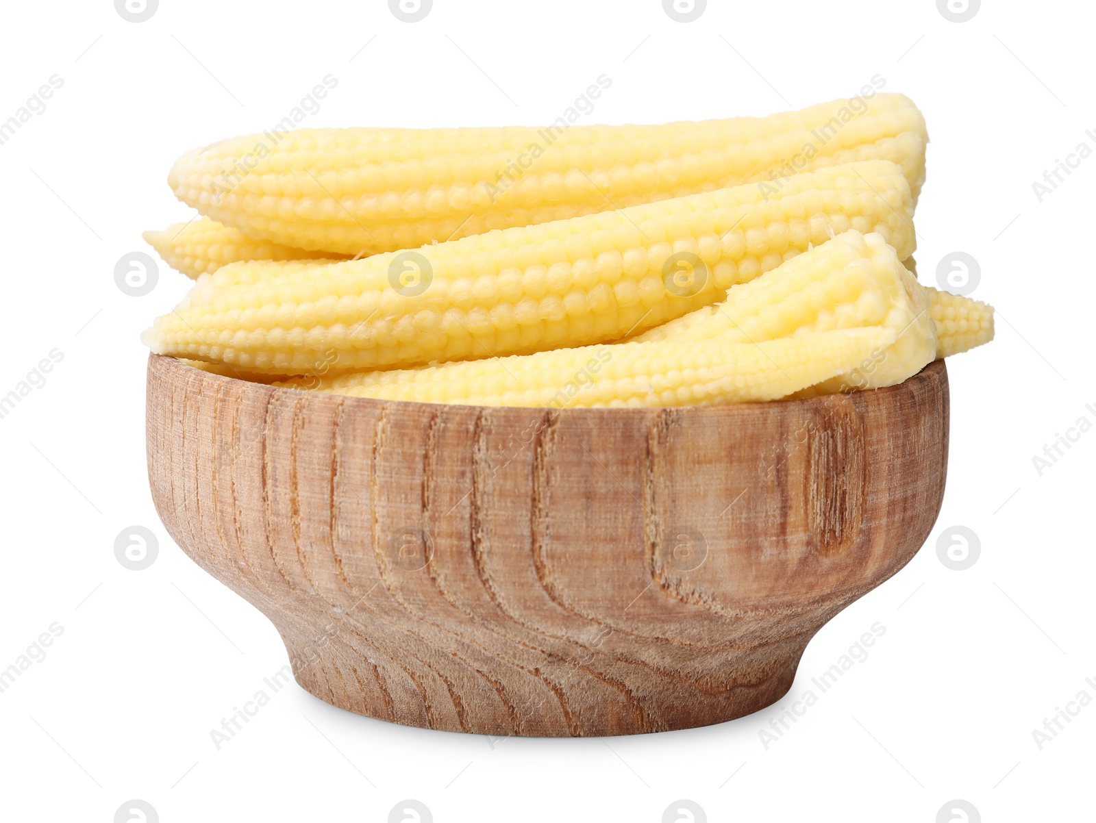 Photo of Tasty fresh yellow baby corn in bowl isolated on white