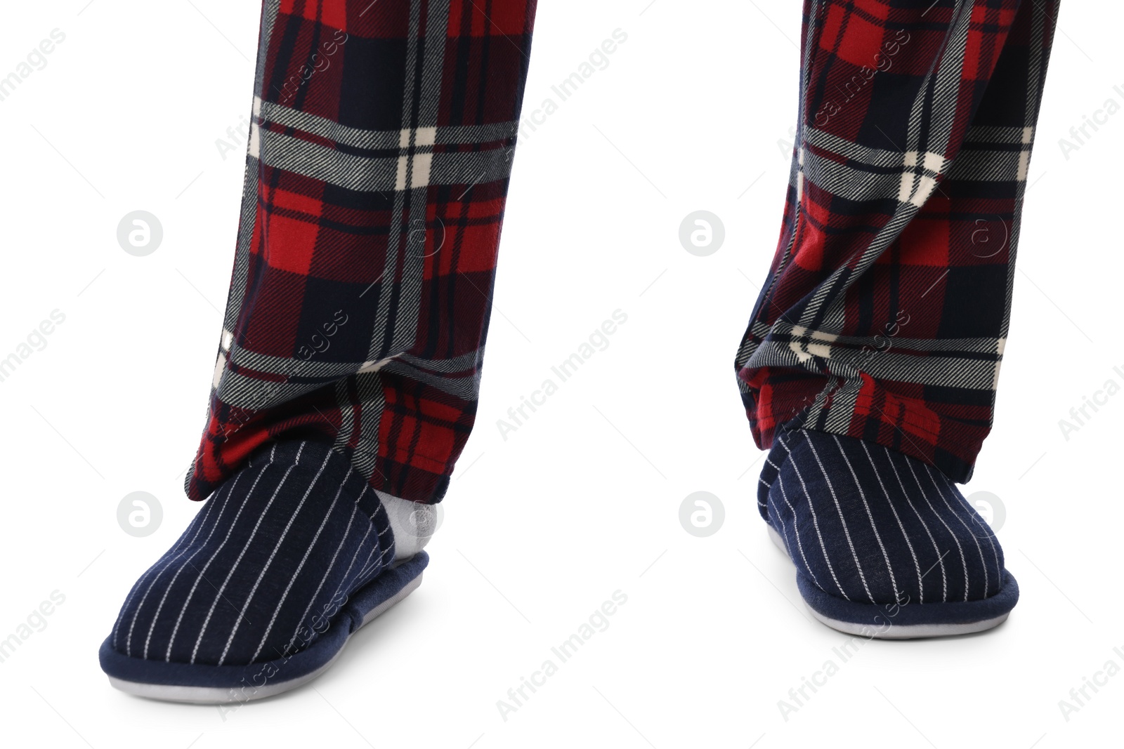 Photo of Man in soft slippers on white background, closeup