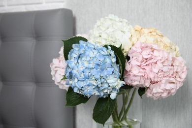 Photo of Beautiful hydrangea flowers in vase indoors, closeup