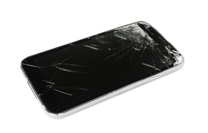 Photo of Smartphone with cracked screen isolated on white. Device repair