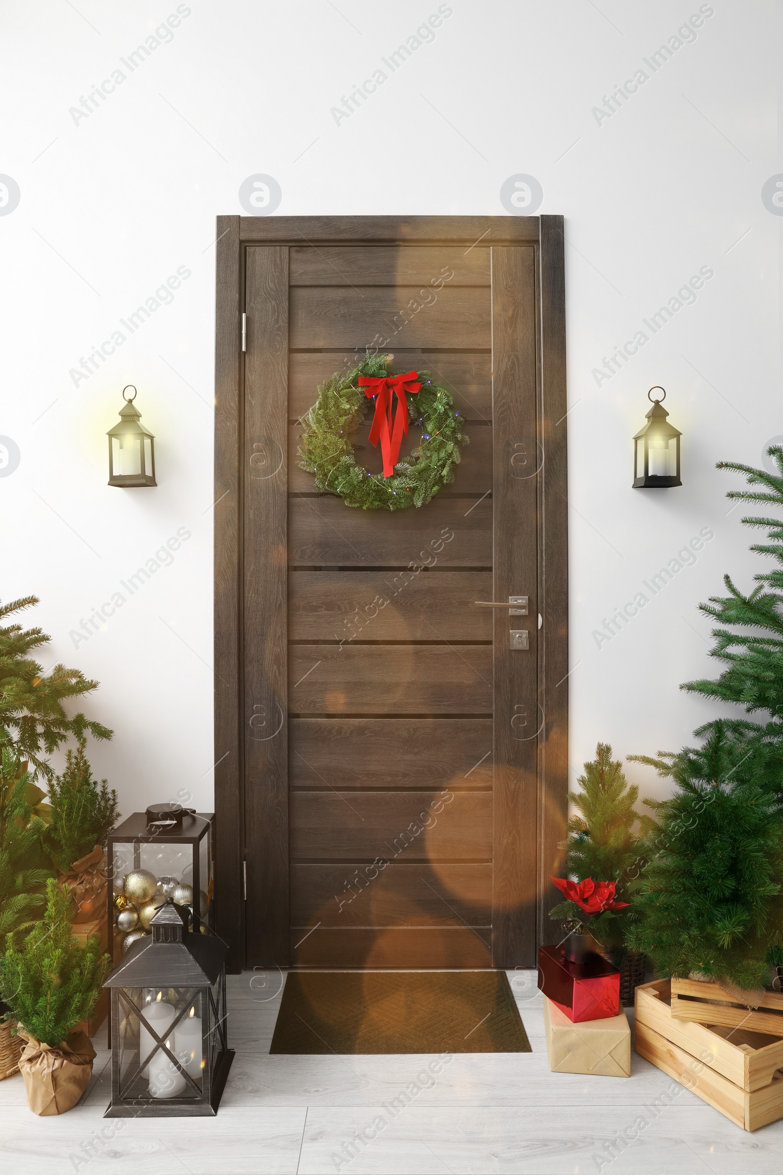 Photo of Beautiful Christmas lantern and fir trees near entrance indoors