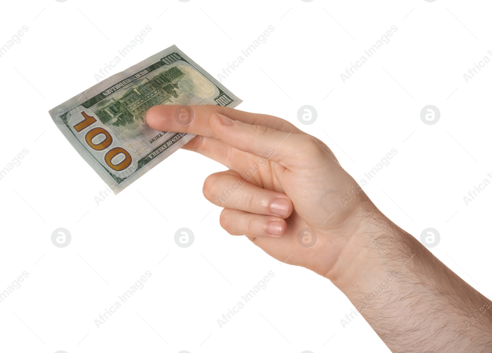 Photo of Man with dollar bill on white background, closeup