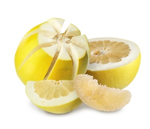 Image of Cut fresh pomelo fruits on white background