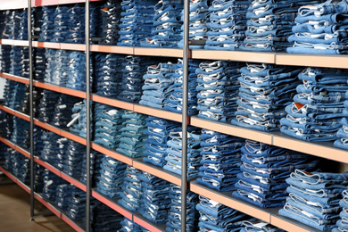 Collection of stylish jeans on shelves in shop