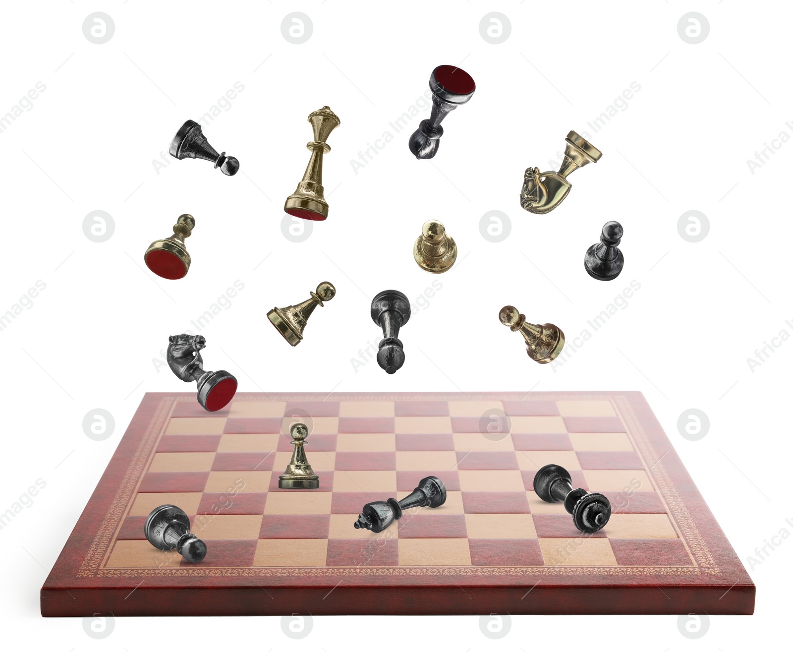 Image of Chess pieces and wooden checkerboard in air on white background