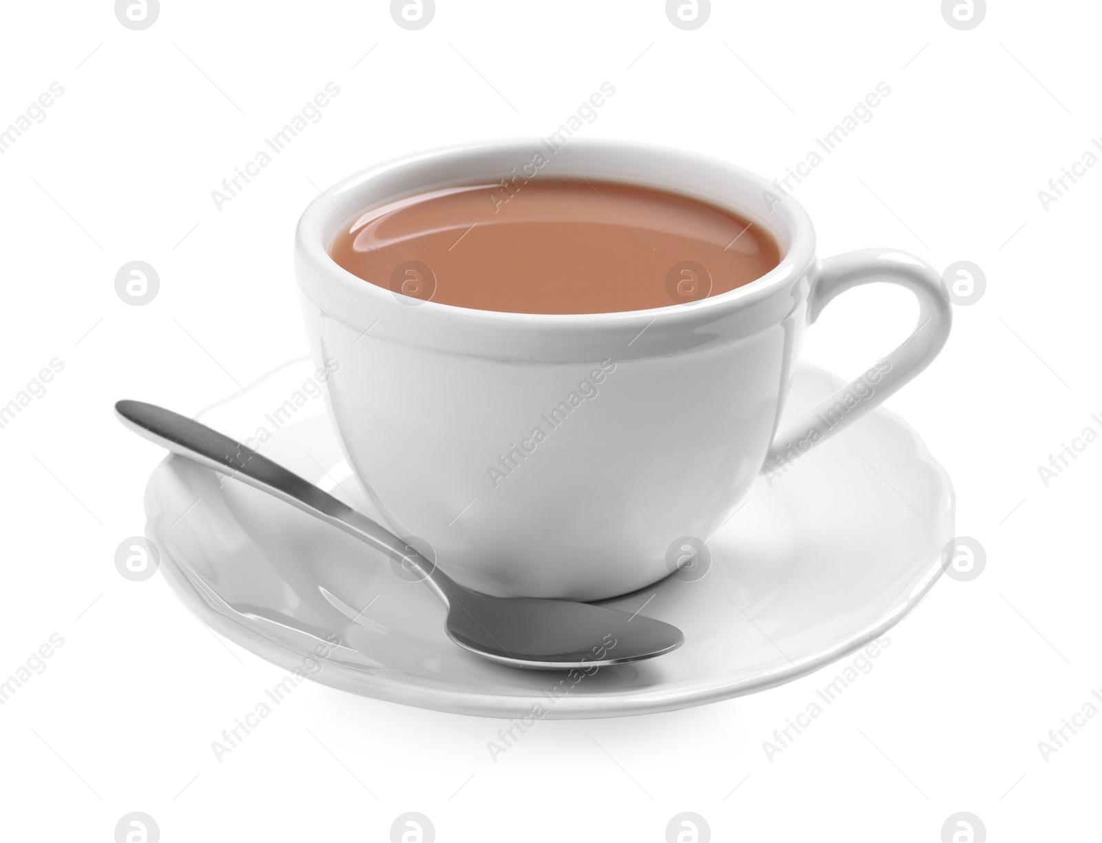 Photo of Delicious tea with milk on white background