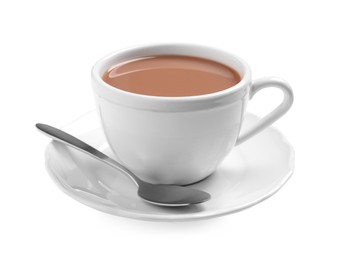 Photo of Delicious tea with milk on white background