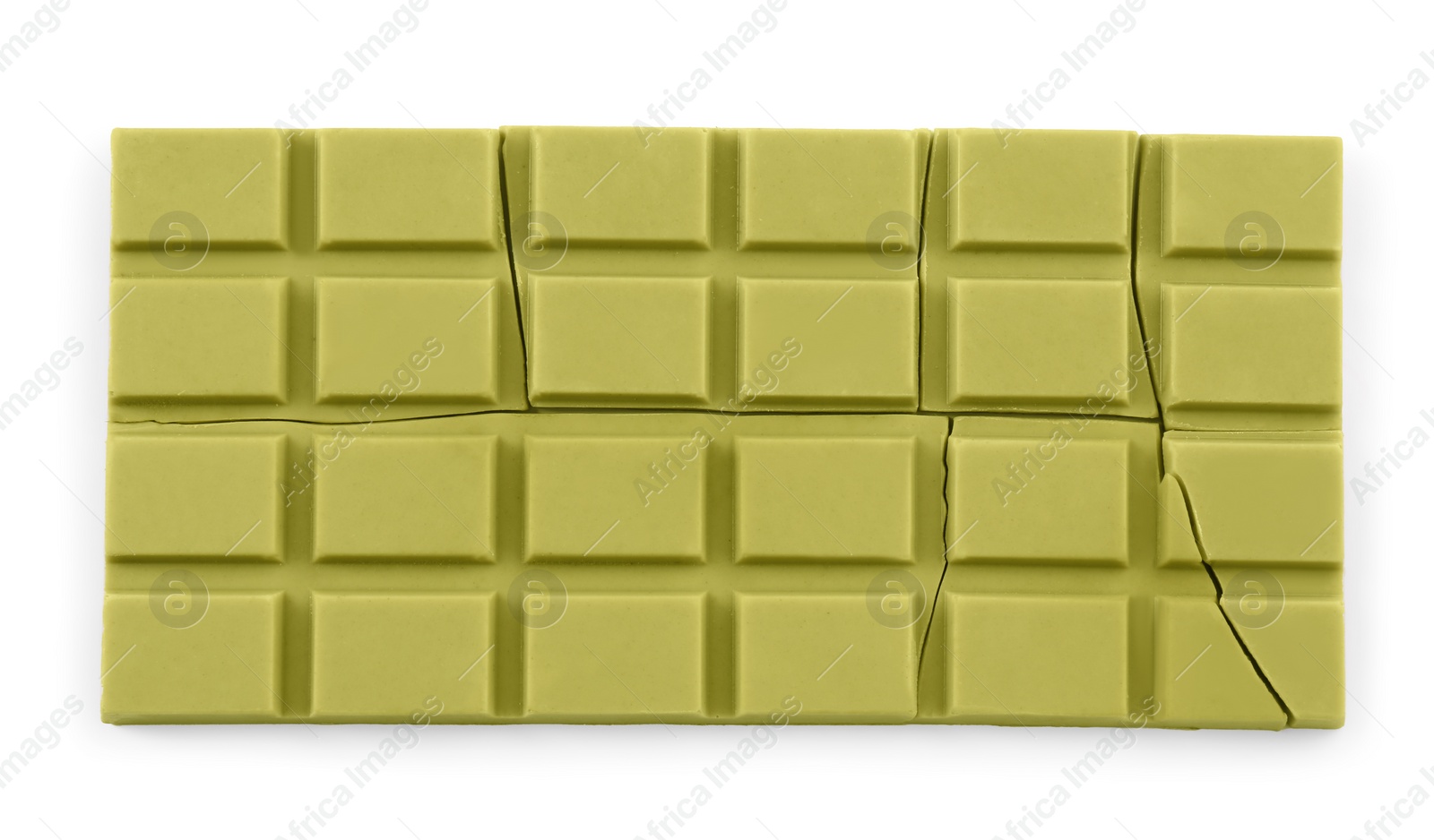 Photo of Broken tasty matcha chocolate bar isolated on white, top view