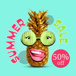 Hot summer sale flyer design. Golden pineapple with donut eyeglasses and text on turquoise background