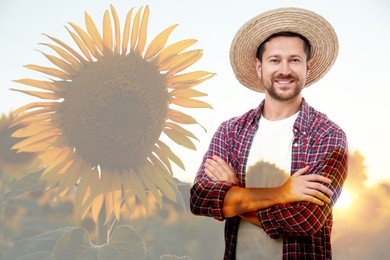 Double exposure of happy farmer and sunflower field. Space for text