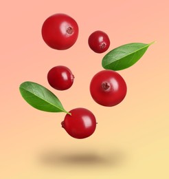 Image of Delicious ripe cranberries and fresh leaves falling on color background