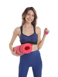 Photo of Beautiful woman with yoga mat and small dumbbell on white background