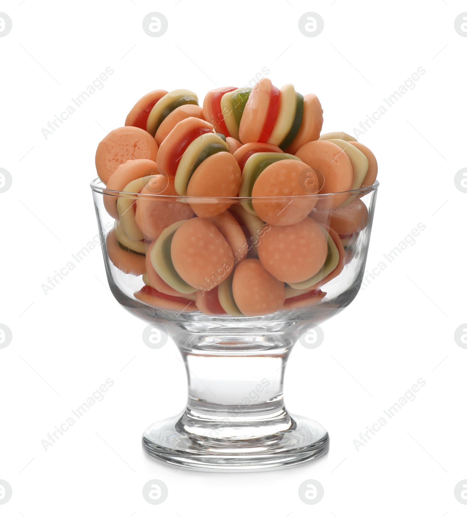 Photo of Glass with jelly candies in shape of burger on white background