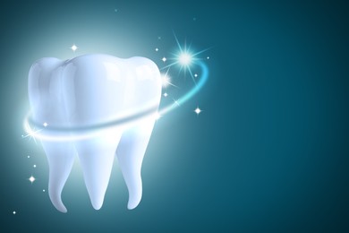 Tooth model with glowing on color background, space for text. Dental care