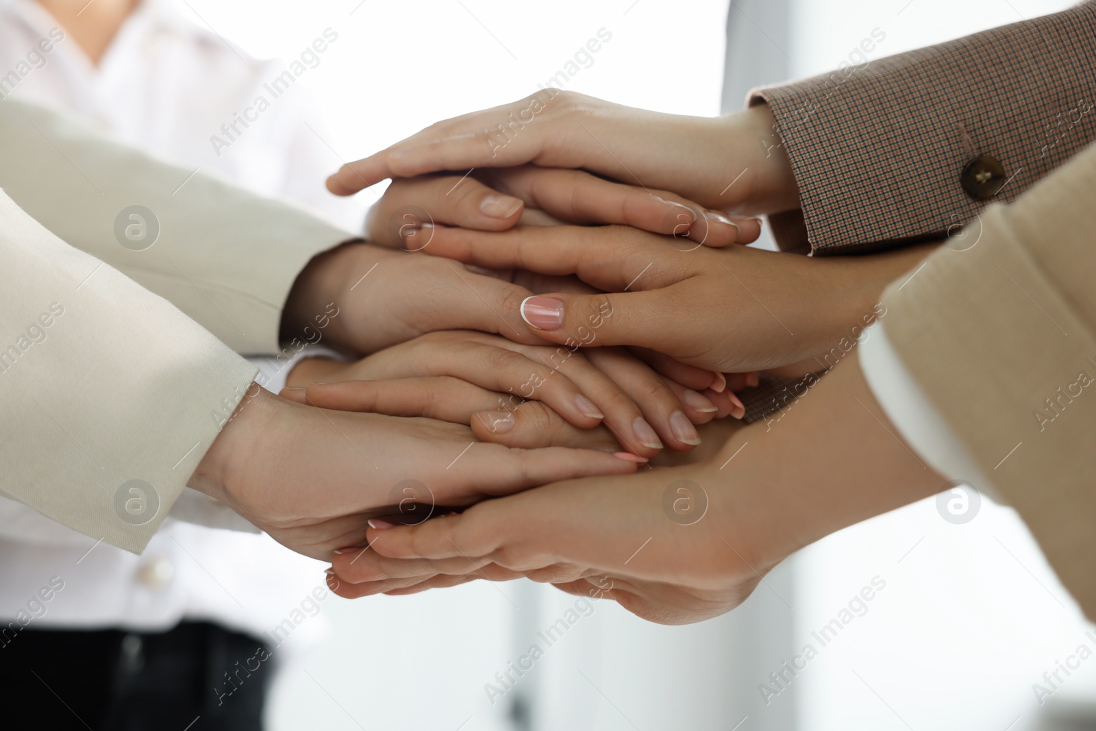 Photo of Group of people holding hands together indoors, closeup. Unity concept