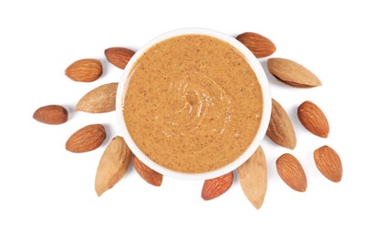 Photo of Delicious nut butter and almonds isolated on white, top view