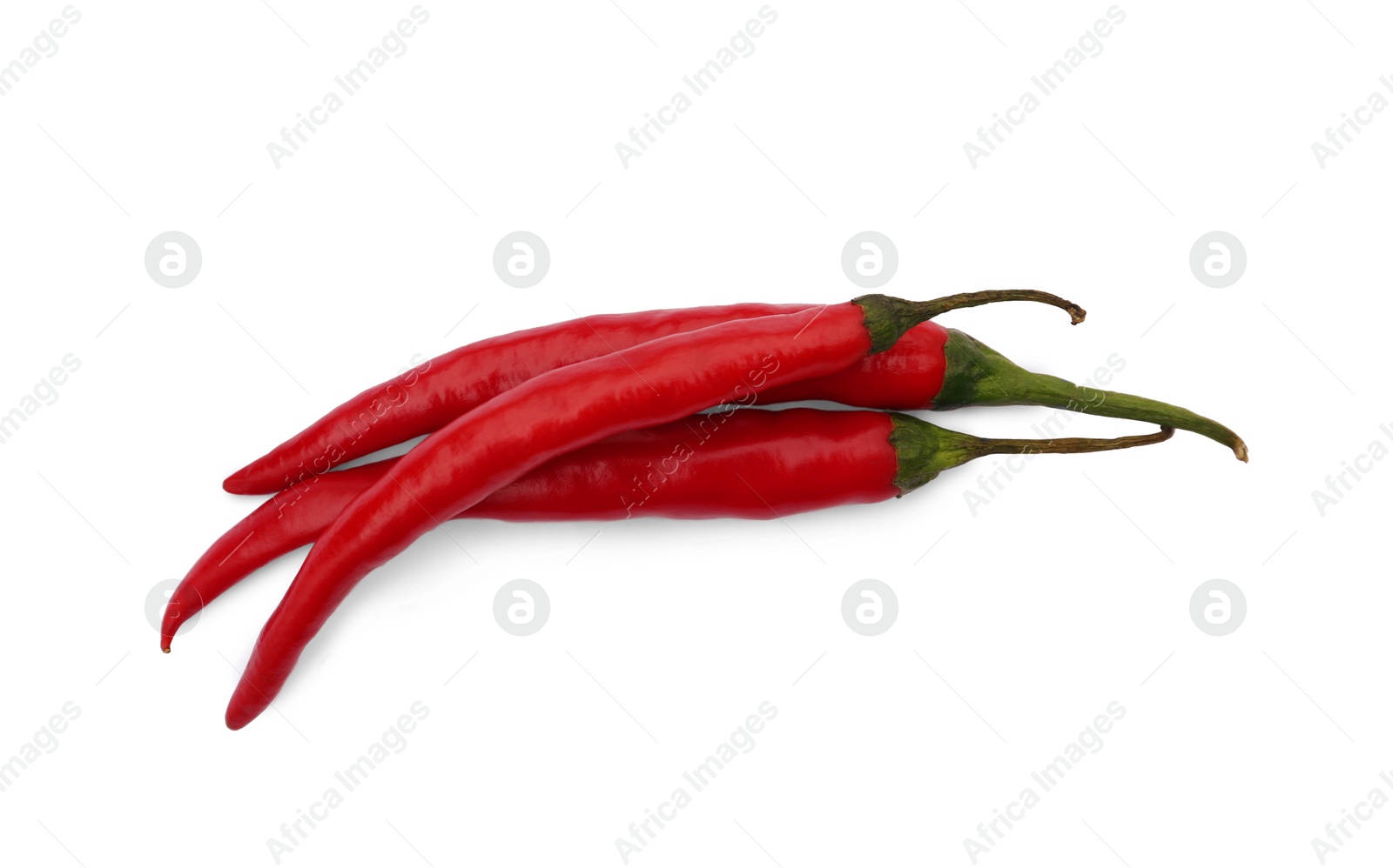 Photo of Red hot chili peppers isolated on white, top view