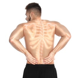 Image of Man having backache on white background. Digital compositing with illustration of spine 
