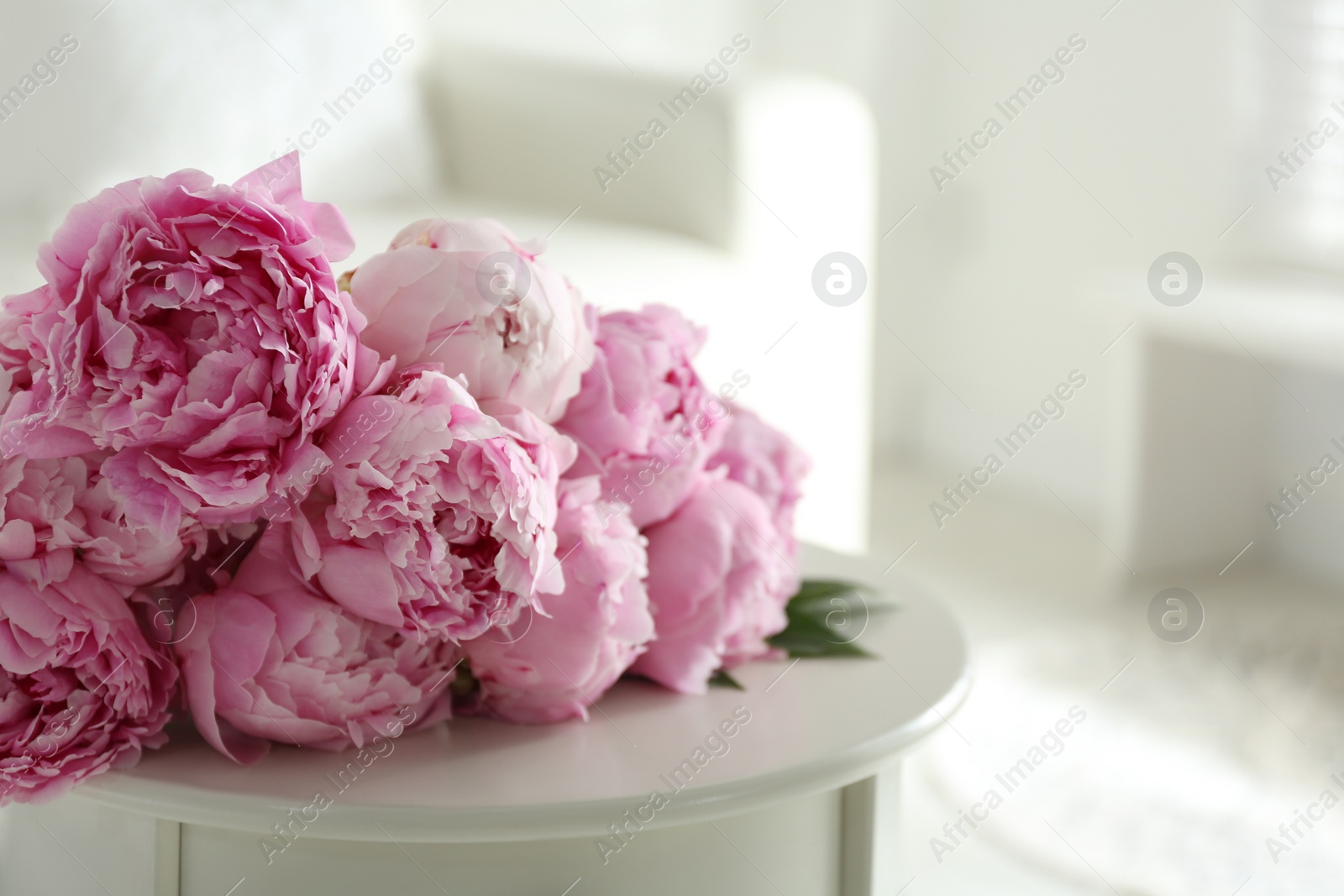 Photo of Bunch of beautiful peonies on table indoors. Space for text