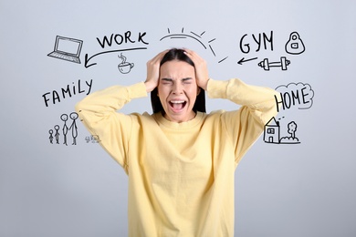 Image of Stressed young woman, text and drawings on light grey background