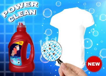 Image of Liquid laundry detergent advertisement design. Woman looking through magnifying glass at white t-shirt, closeup