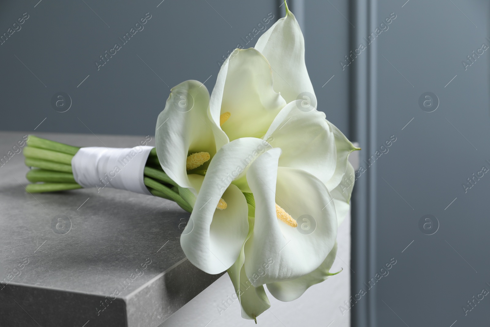 Photo of Beautiful calla lily flowers tied with ribbon on grey table, closeup