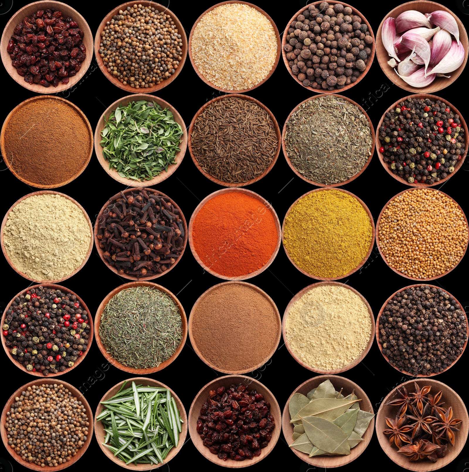 Image of Collection of different aromatic spices and herbs on black background, flat lay