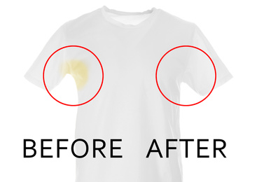 Image of T-shirt before and after using deodorant on white background