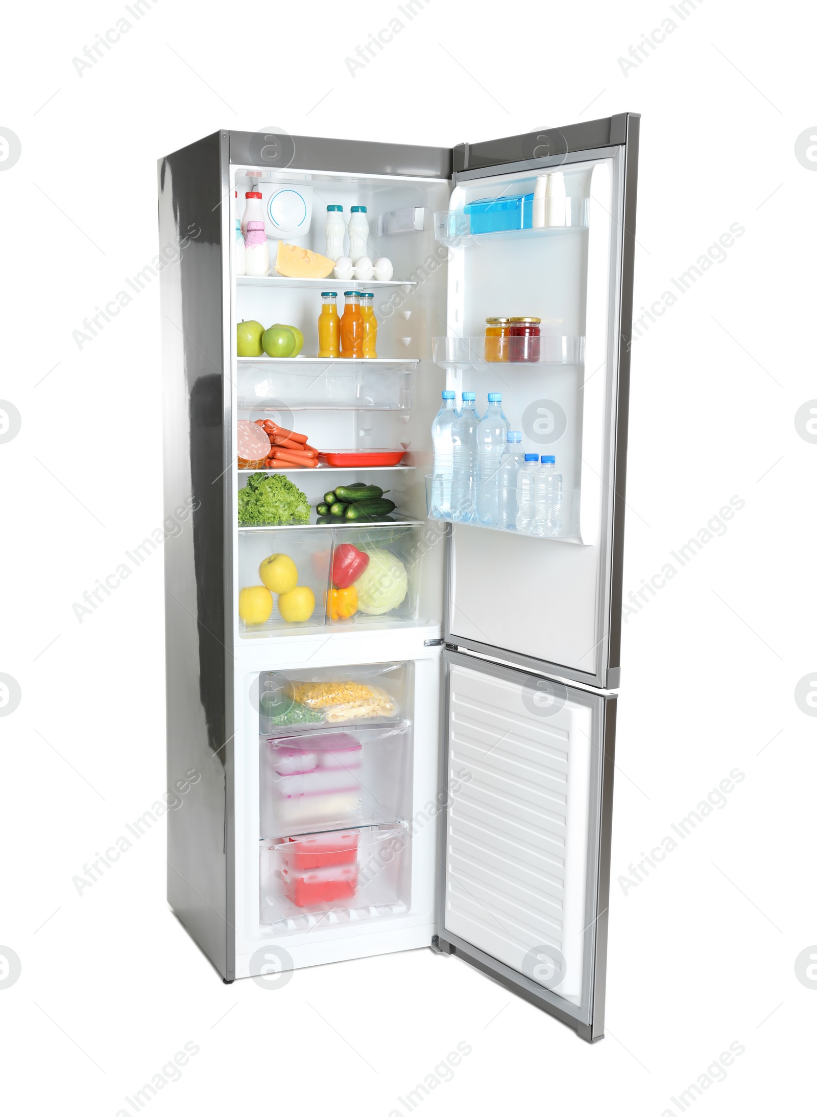 Photo of Open refrigerator with many different products on white background