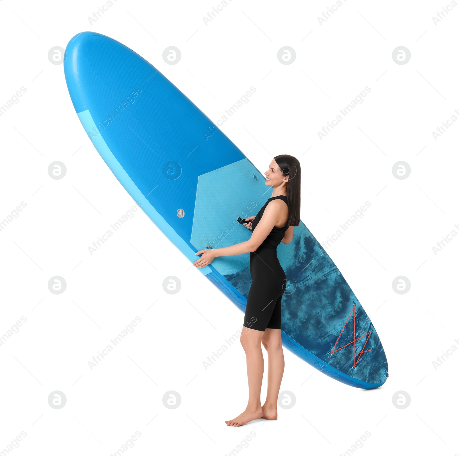 Photo of Happy woman with blue SUP board on white background