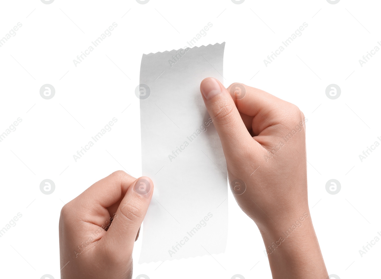 Photo of Woman holding piece of blank thermal paper for receipt on white background, closeup