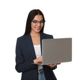 Photo of Young woman with modern laptop on white background