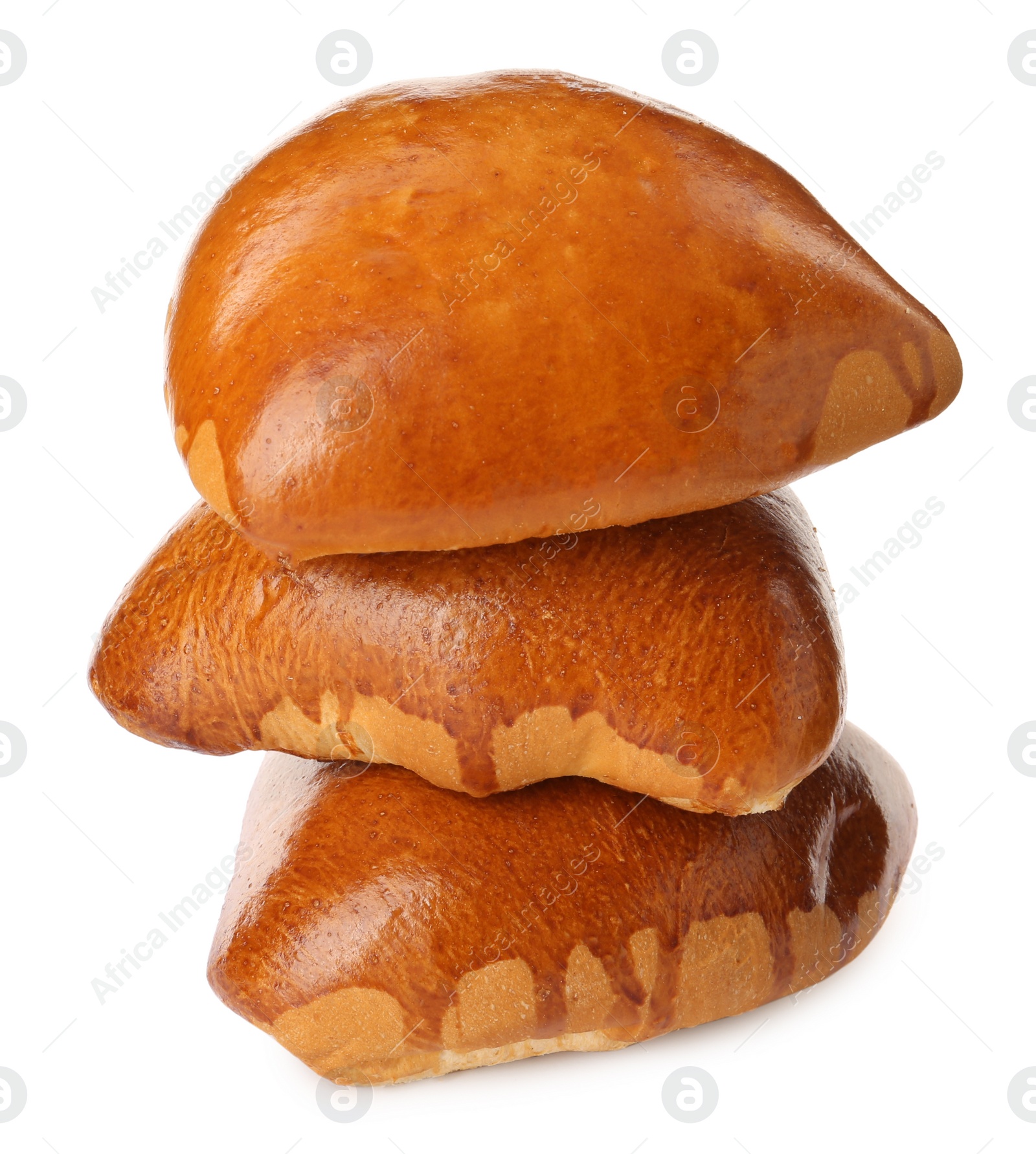 Photo of Many delicious baked patties on white background