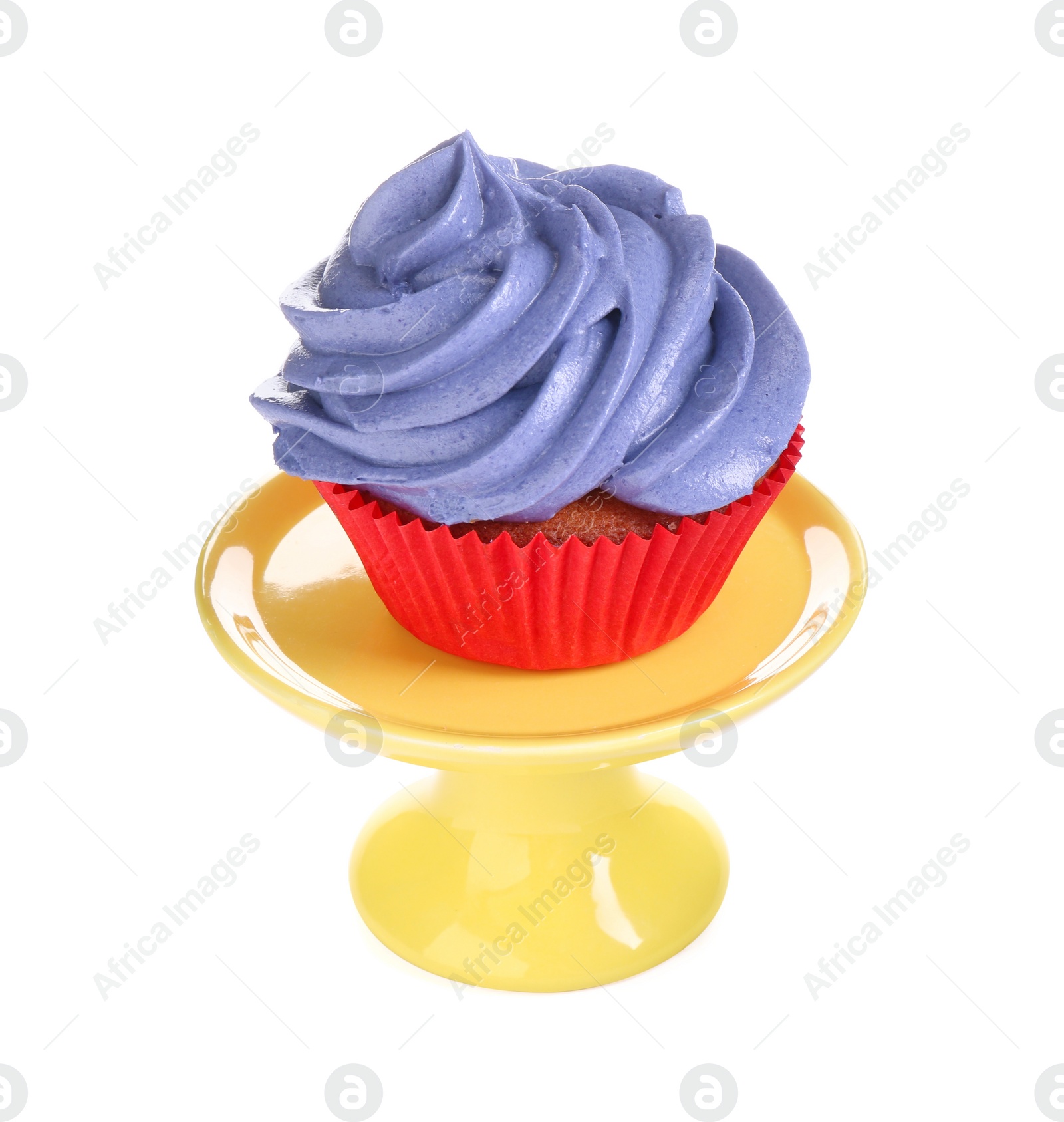 Photo of Delicious cupcake with violet cream isolated on white