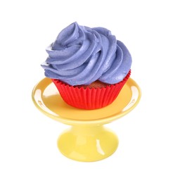Photo of Delicious cupcake with violet cream isolated on white
