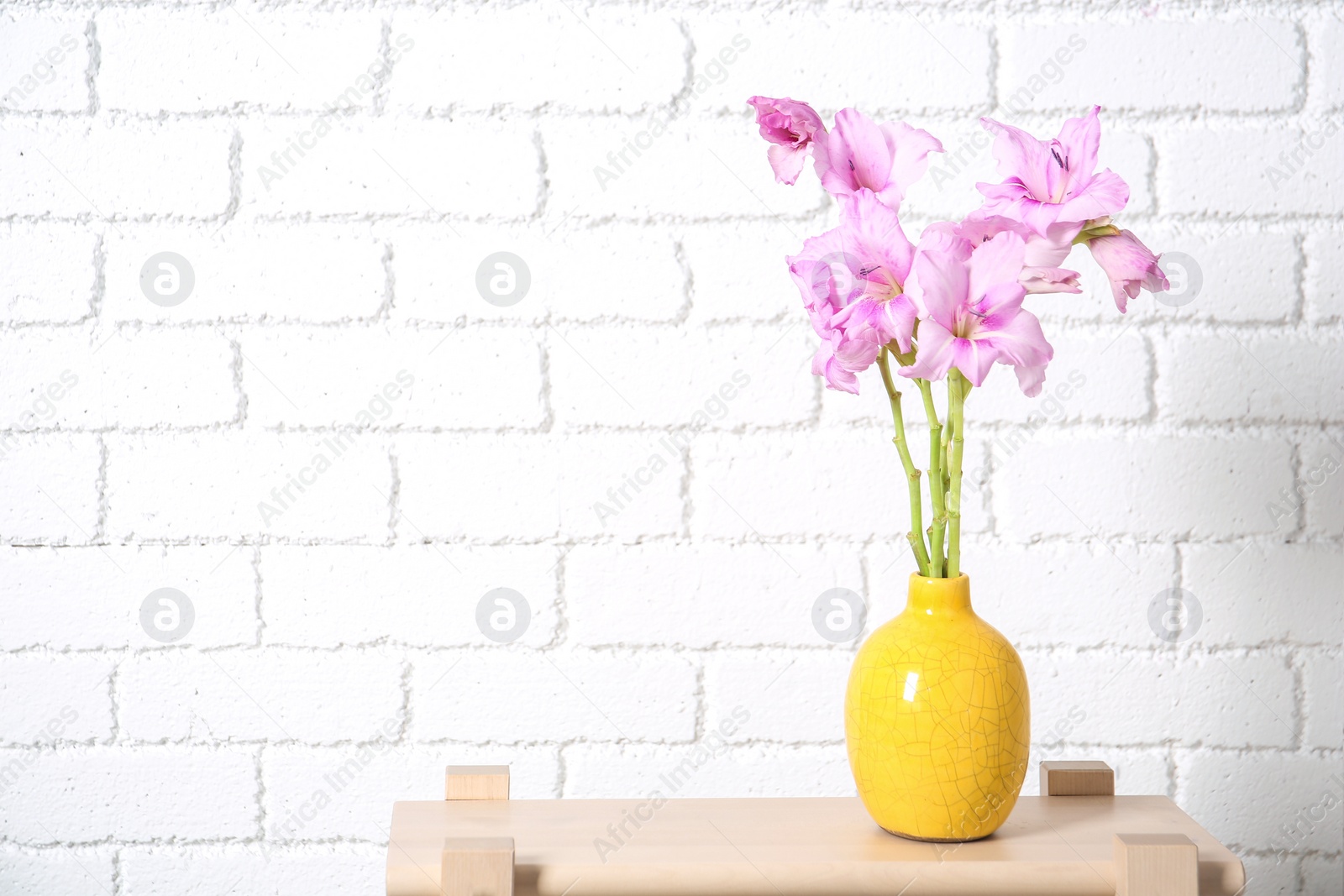 Photo of Vase with beautiful gladiolus flowers on table against brick wall