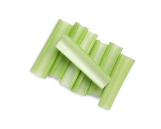 Fresh cut celery stalks isolated on white, top view