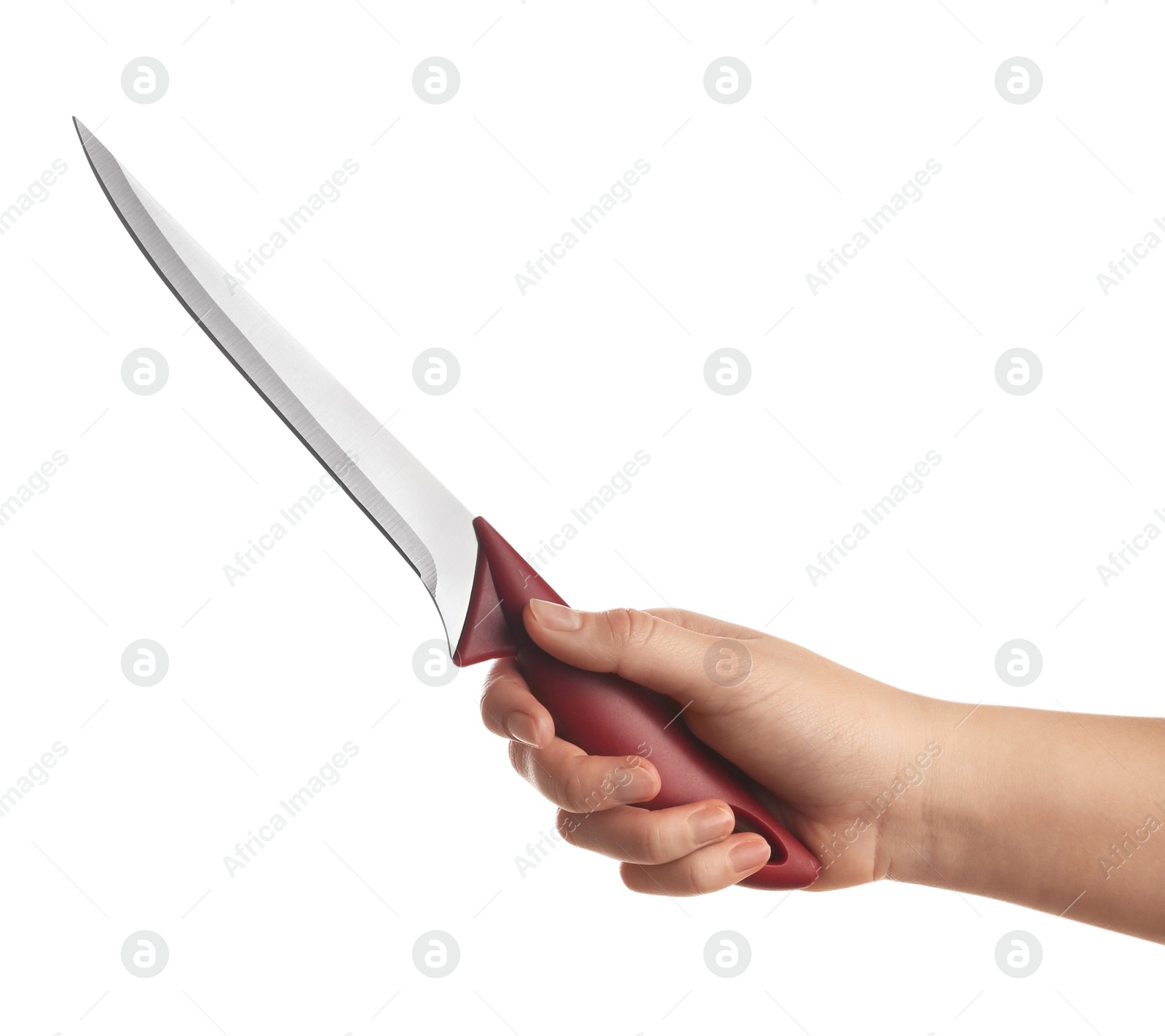 Photo of Woman holding boning knife on white background, closeup