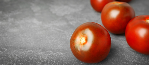 Image of Fresh ripe brown tomatoes on grey table, closeup. Banner design 