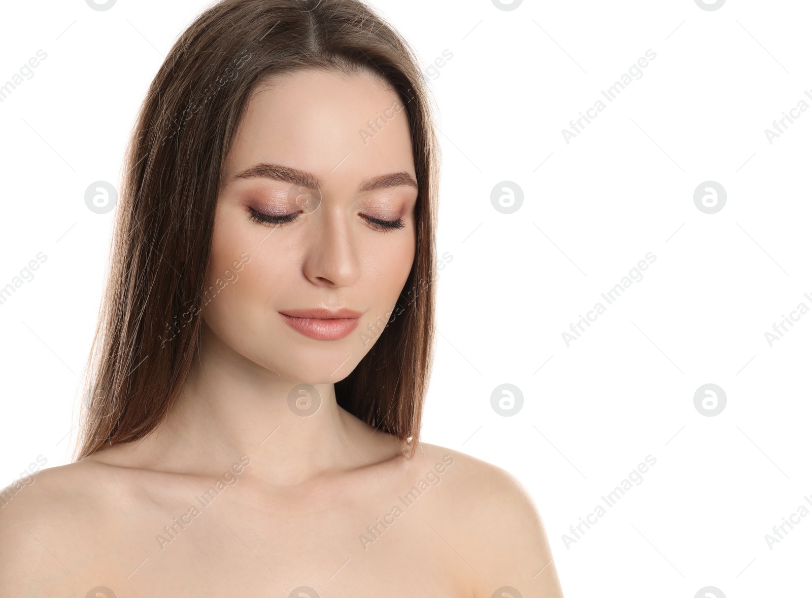 Photo of Portrait of young woman with beautiful face on white background